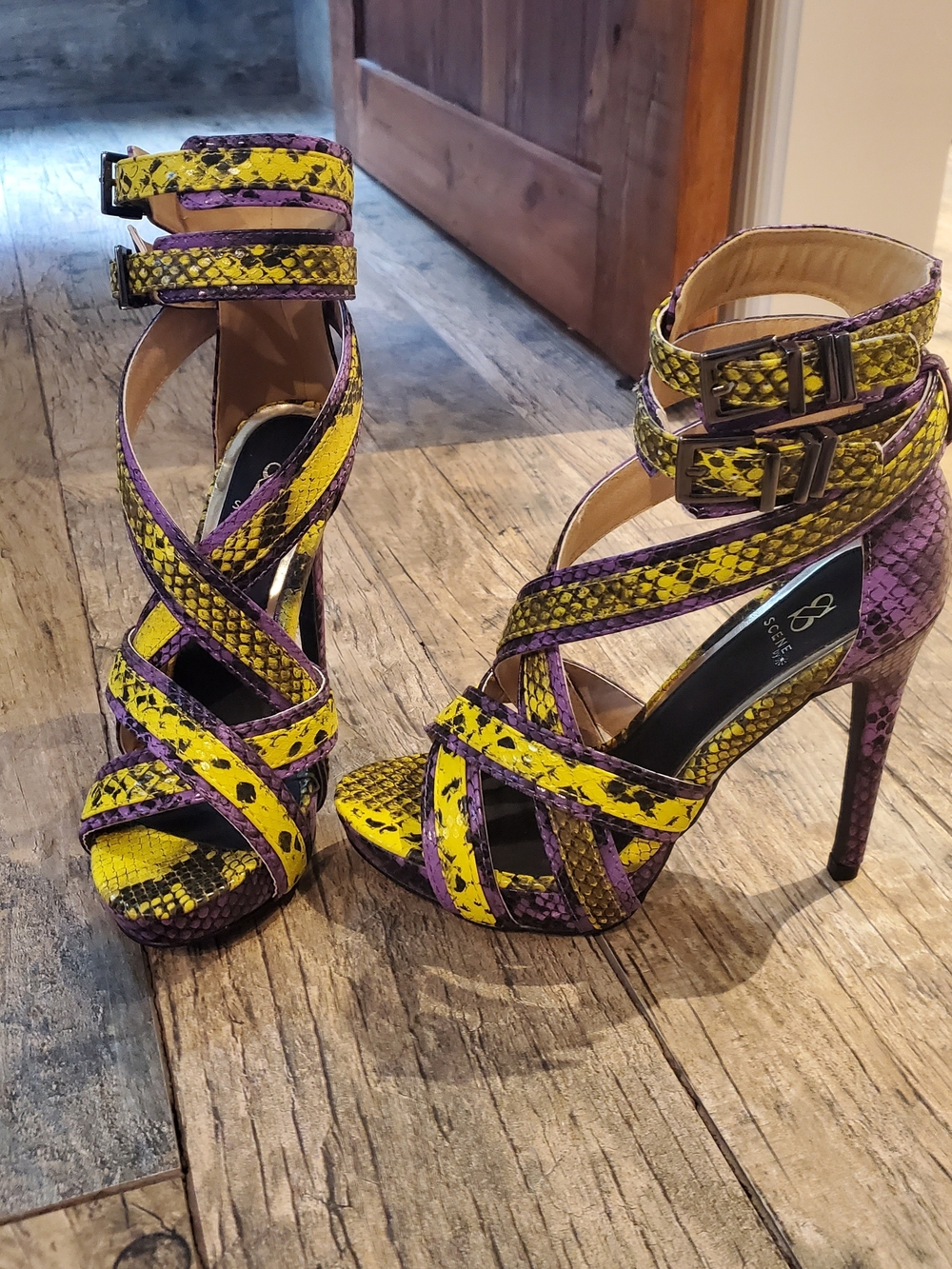 Strappy Snake-Print High Heel Sandals in Yellow and Purple